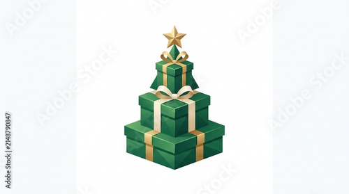 Minimalist Christmas Gift Box Pyramid with Green and Gold Festive Design