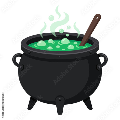 Фотография Halloween witch cauldron with bubbling green potion, black cast iron pot with wo