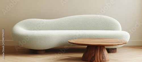 Modern mint sofa & wood coffee table in bright room