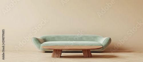 Mint sofa & wooden coffee table in beige room