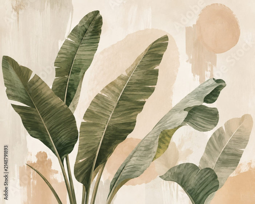 Abstract Tropical Banana Leaves Botanical Wall Art on Neutral Beige Background Elegant abstract botanical artwork featuring tropical banana leaves in soft earthy green tones on a neutral beige