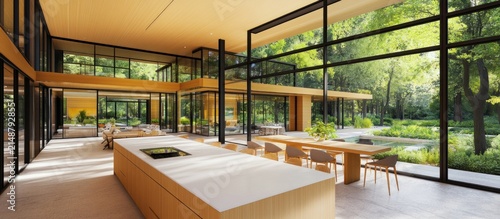 Modern kitchen, open-plan home, forest view, sunlight, interior design