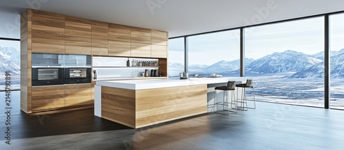 Modern kitchen island, mountain view, wood cabinetry, minimalist design