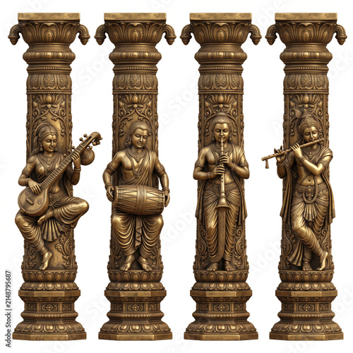 Carved stone temple pillars with sculpted musicians and intricate traditional architectural ornamentation