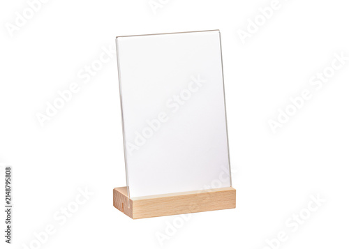 Blank clear acrylic sign display holder stand with a wooden base isolated on a transparent background with copy space for QR code payment. Concept for cafe, online shopping and financial business.