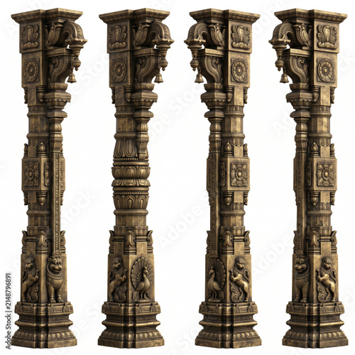 Tall carved stone temple pillars with guardian figure niches and ornate architectural ornamentation