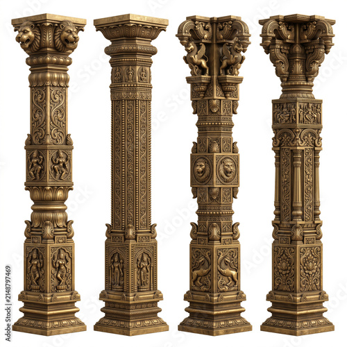 Intricately carved stone temple pillars with sculptural capitals and shrine panel architectural ornament