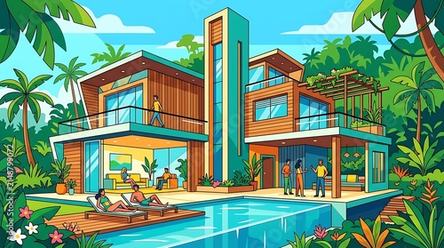 Modern luxury villa with swimming pool in a lush tropical forest