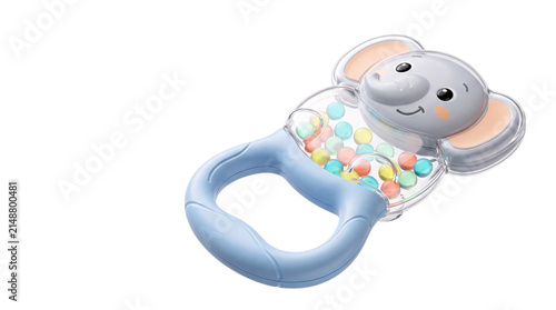 Fotografía Cute blue elephant baby rattle with colorful beads on png isolated on transparen