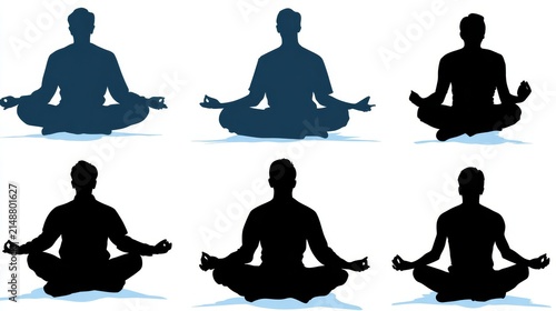 multiple silhouettes of meditating men in relaxed poses, clean vector style, each with slight variation in posture and arm placement