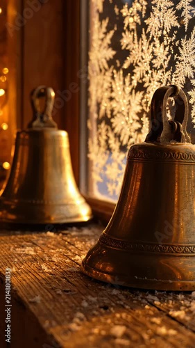 Hand Placing a Brass Christmas Bell on a Snowy Wooden Windowsill With Frosty Window Background