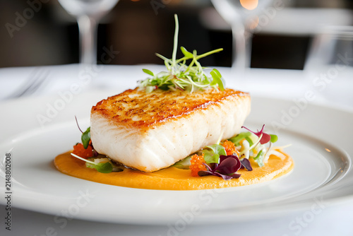 Grilled Fish Fillet with Vegetables on Plate.