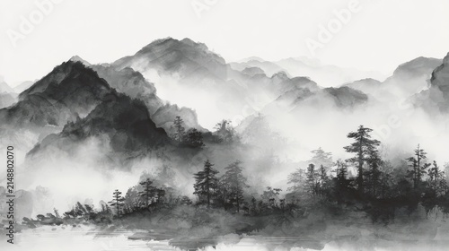 minimalist oriental ink painting with layered foggy mountains and trees, black ink textures, gentle ripples in water