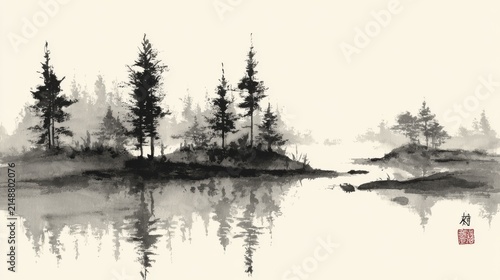 peaceful zen composition of sparse forest, quiet river reflections, sumi-e brushwork with soft gray tones and white space