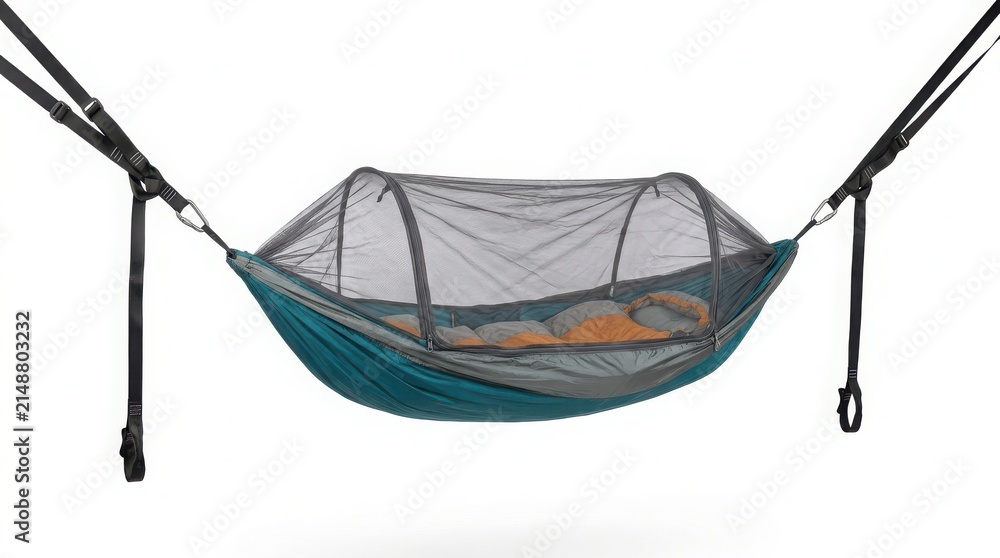 Obraz premium Blue camping hammock with integrated mosquito netting for outdoor sleeping mosquito sleeping adventure relaxation trekking wilderness equipment vacation outdoors
