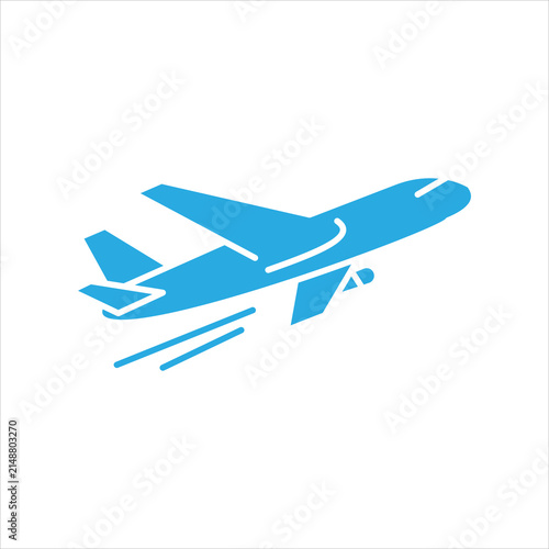 Outline icon of an airplane in flight representing aviation, travel, transportation, and tourism.