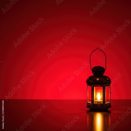 Black decorative metal lantern with a burning candle flame inside, placed on a dark reflective surface against a vibrant red radial gradient background with ample copy space.