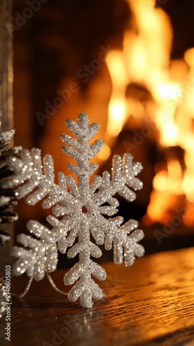 Sparkling Silver Snowflake Ornament Resting on Wooden Surface With Warm Fireplace Background