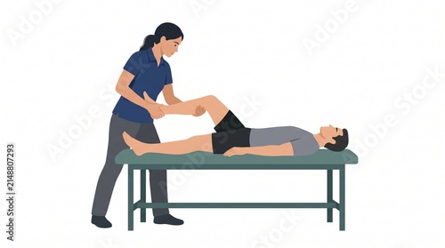 A physical therapist is shown providing leg rehabilitation to a male patient lying on a therapy table.  isolated on solid white background
