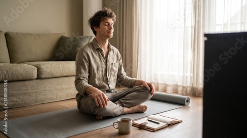 Young person meditating peacefully in a lotus position at home with living room