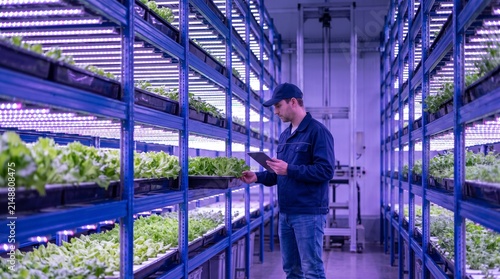 Farmer working with a tablet in an automated vertical indoor hydroponic farm