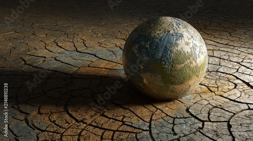 Artistic composition of a globe surface texture flattened out, showing the encroachment of dry cracked earth overtaking green pastures, moody lighting, evocative of the greenhouse effect and