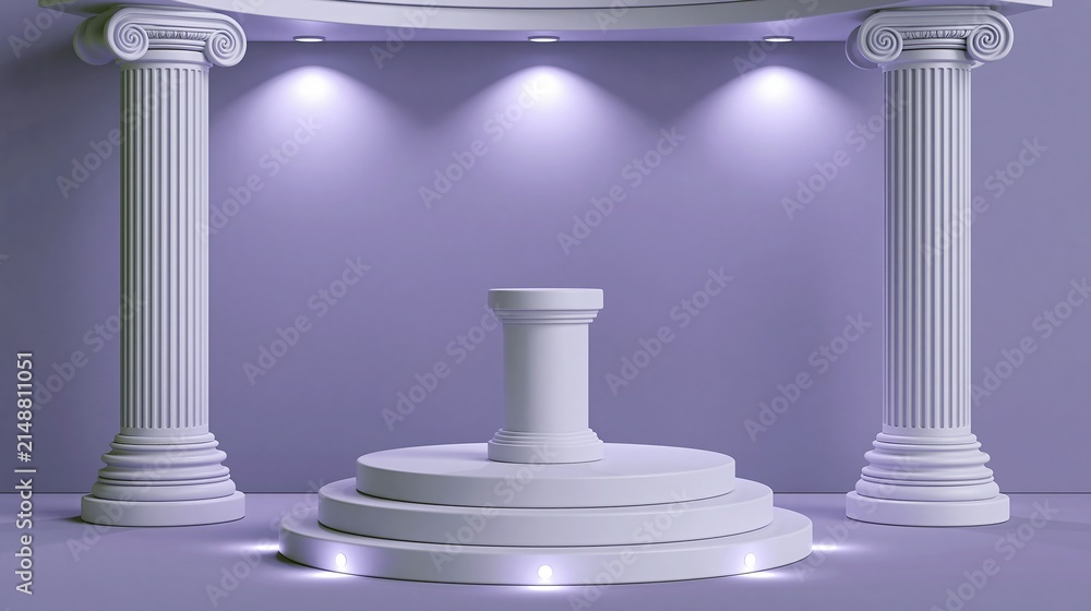 Fototapeta premium Elegant White Pedestal Display with Classical Columns and Dramatic Spotlights