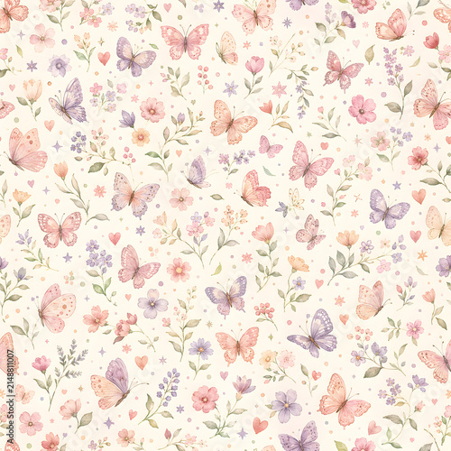 Watercolor Seamless Pattern Pastel Baby Girl Nursery Scrapbook Digital Papers with Floral, Butterflies  Designs