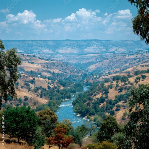 Green scenery deep in the valley of distant mountains