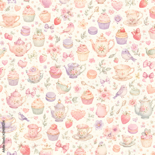 Watercolor Seamless Pattern Pastel Baby Girl Nursery Scrapbook Digital Papers with Floral, Cupcake Designs