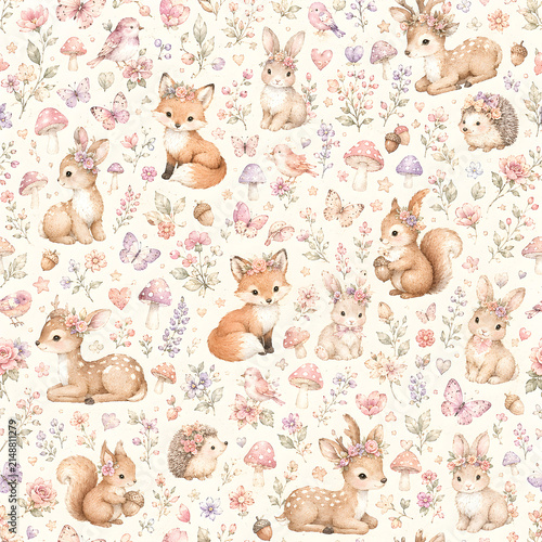 Watercolor Seamless Pattern Pastel Baby Girl Nursery Scrapbook Digital Papers with Floral,  Woodland Animals Designs