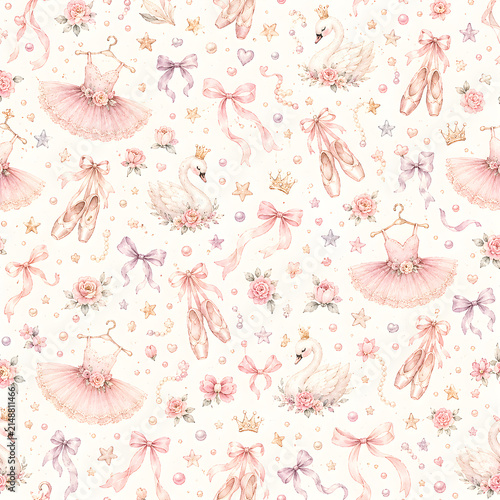 Watercolor Seamless Pattern Pastel Baby Girl Nursery Scrapbook Digital Papers with Ribbons Ballet Dreams  Designs