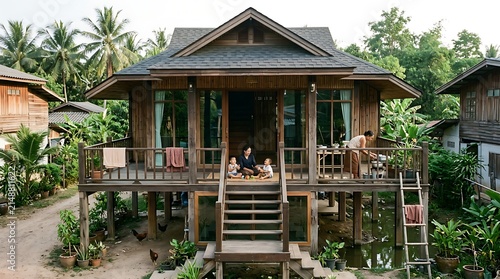 Family relaxing on the porch of a traditional wooden stilt house