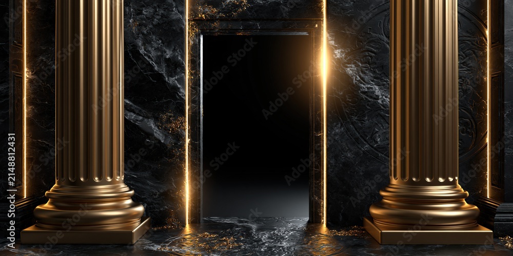 Fototapeta premium Luxurious Golden Columns Framing a Dark Mysterious Entrance with Dramatic Golden Lighting