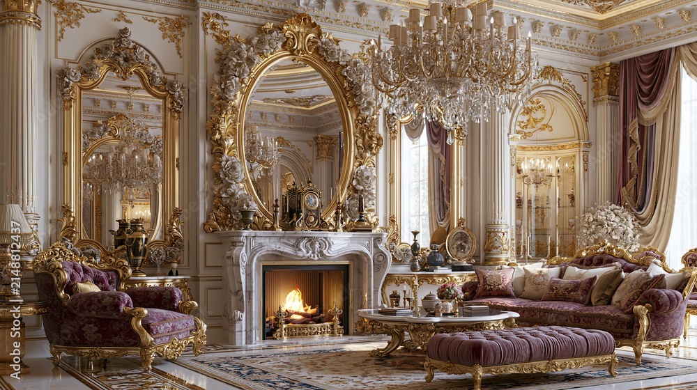 Naklejka premium Opulent baroque living room with gold accents, plush purple furniture, crystal chandelier, and warm fireplace.