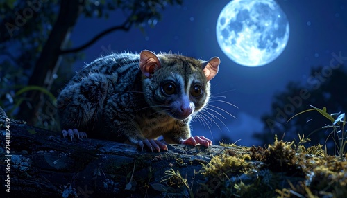 Cute nocturnal marsupial sitting on a mossy branch under a bright full moon in a dark night forest