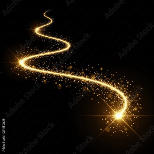 Abstract golden light trail with sparkles and magic dust.