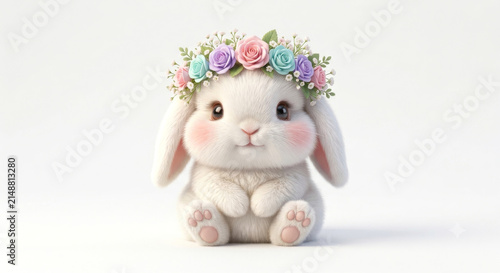 Conejo cute esponjoso con corona de flores