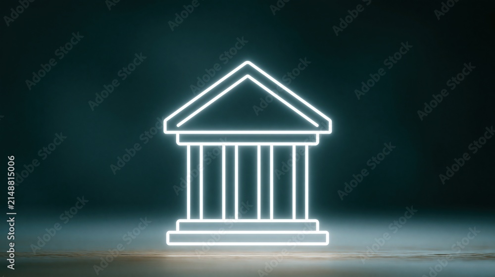Fototapeta premium Glowing Neon Outline of Classical Government Building with Columns on Dark Background