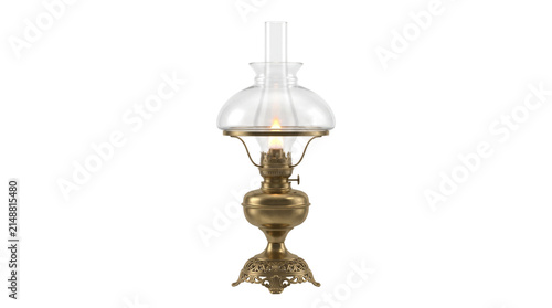 Vintage weathered brass oil lamp glowing flame warm lighting antique home decor energy emergency illumination concept on transparent background