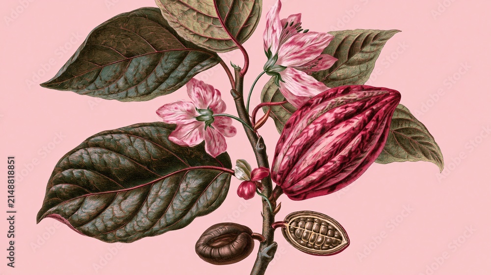 Fototapeta premium Vintage botanical illustration of cacao pod, flowers, and leaves on a pink background
