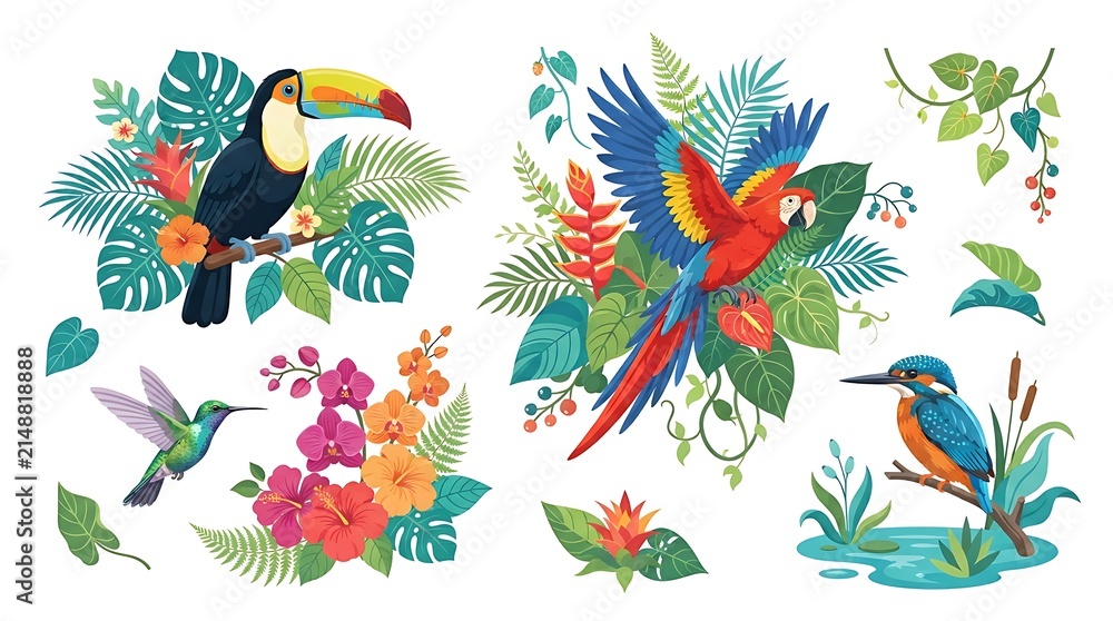 Obraz premium Tropical Birds and Exotic Flowers Set