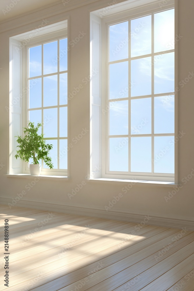 Fototapeta premium Bright and airy interior room with large windows, natural light streaming across wooden floor and potted plant