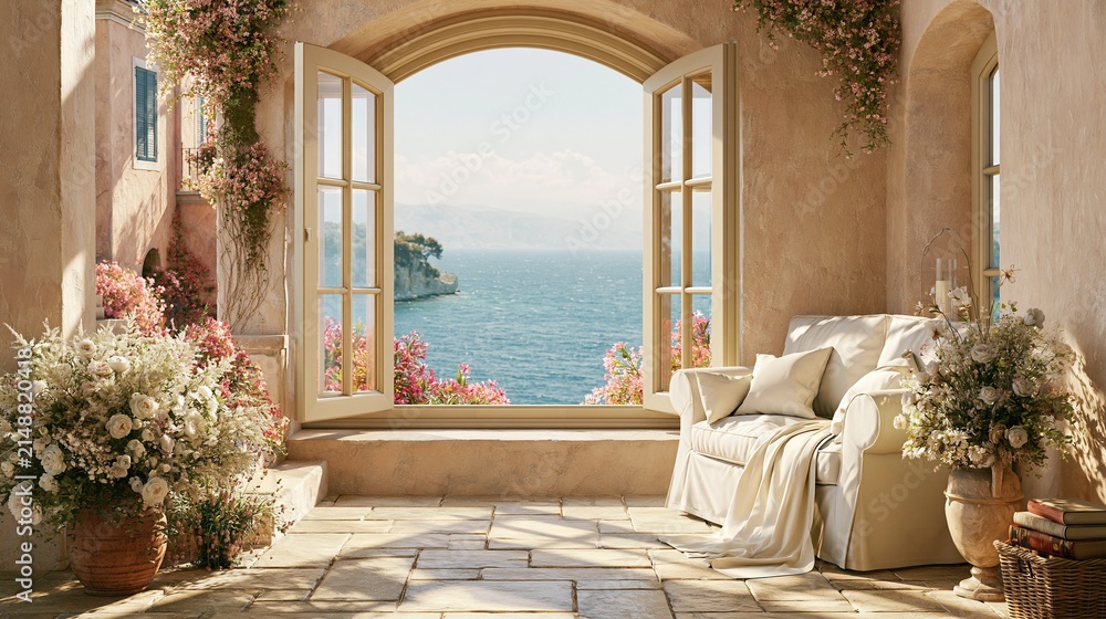Fototapeta premium Cozy Mediterranean Balcony with Open French Doors Revealing a Stunning Ocean View and Abundant Flowers