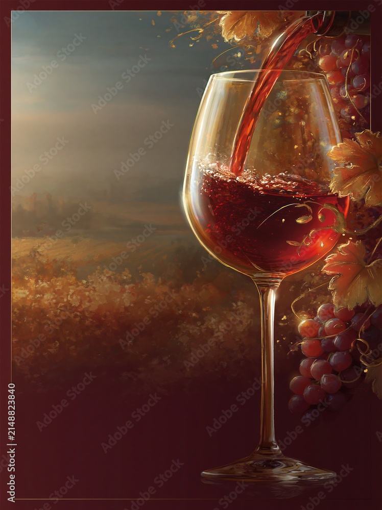 Obraz premium Elegant Red Wine Pouring into a Crystal Glass Surrounded by Grapes and Autumn Foliage