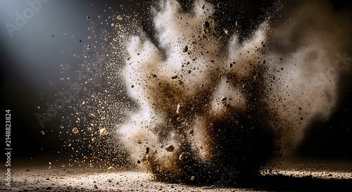 Dramatic dust cloud explosion with scattered rocks and particles against dark studio lighting for cinematic effect.