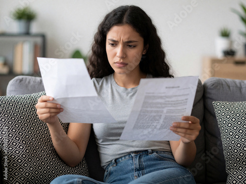 Stressed Woman Looking at Paper Documents Feeling Confused with Domestic Bills