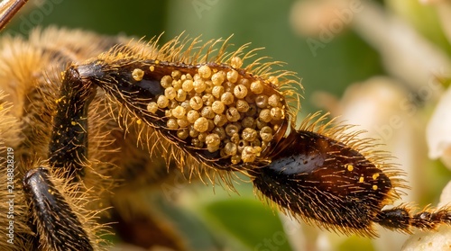 Macro close up of honey bee leg covered in yellow pollen
