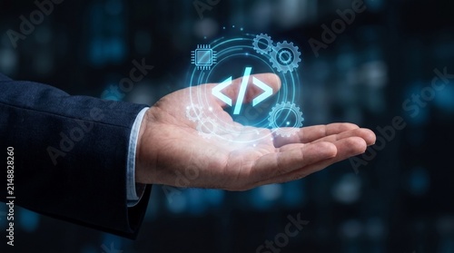 Future software development concept, developer holding digital coding hologram representing tech innovation and IT solutions