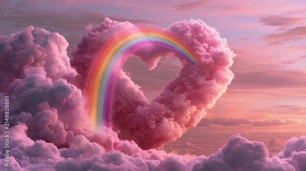 Fototapeta premium Whimsical Pink Heart Shaped Cloud with Rainbow Arching Through at Sunset